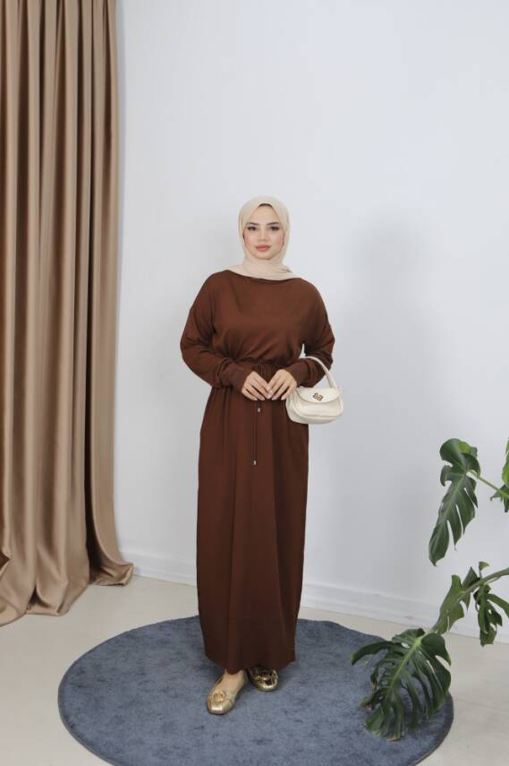 Acı Kahve Bağcıklı Merserize Elbise - 1