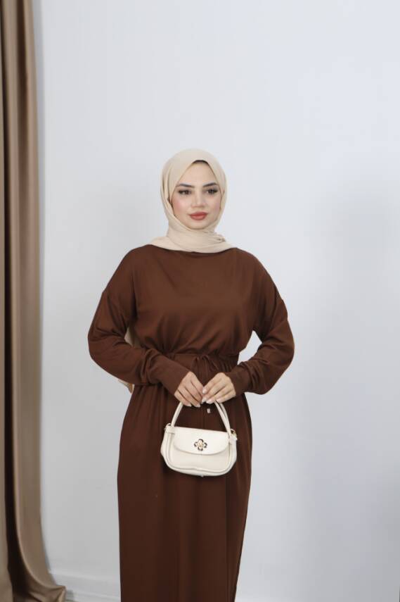 Acı Kahve Bağcıklı Merserize Elbise - 2