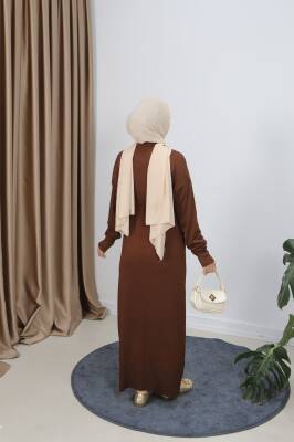 Acı Kahve Bağcıklı Merserize Elbise - 3