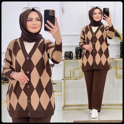 Acı Kahve Baklava Desen Triko İkili Takım