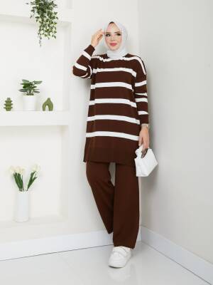 Acı Kahve Çizgili Triko Pantolonlu İkili Takım 
