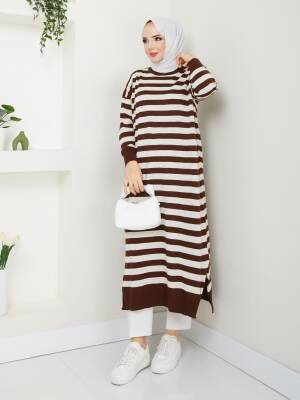 Acı Kahve Çizgili Triko Tunik