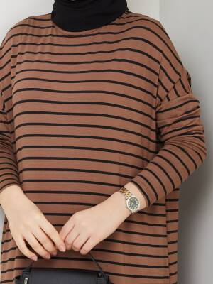 Acı Kahve Çizgili Yanları Yırtmaç Detaylı Elbise - 2