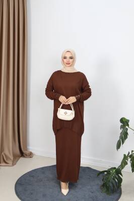 Acı Kahve Düğme Detaylı Merserize Etekli Takım