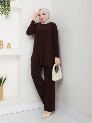 Acı Kahve Düz Sandy Pantolonlu İkili Takım