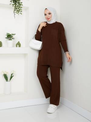 Acı Kahve Fitil Cep Detaylı Triko Pantolonlu İkili Takım