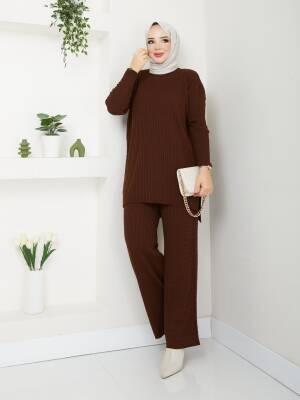 Acı Kahve Örgü Detaylı Örme Triko İkili Takım