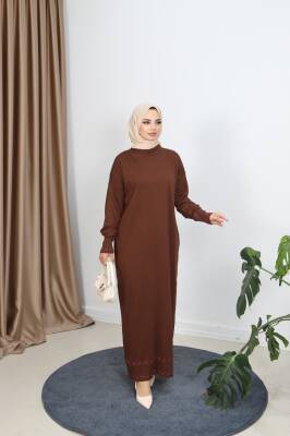 Acı Kahve Şeritli Çift Renk Merserize Elbise