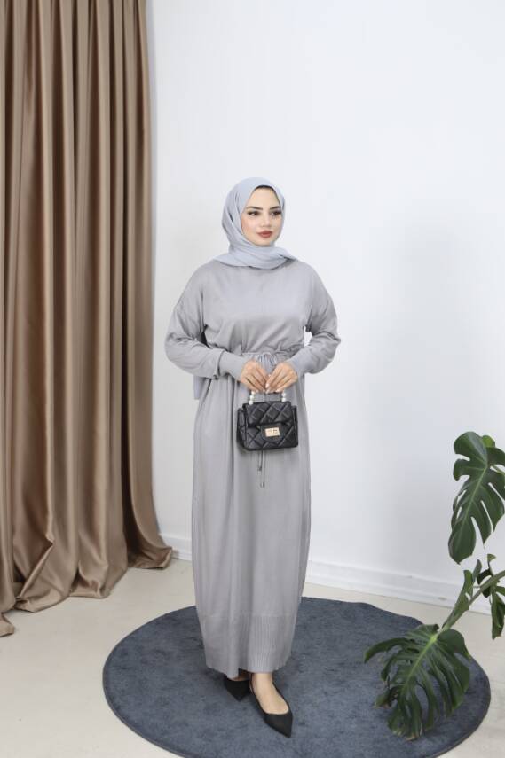 Açık Gri Bağcıklı Merserize Elbise - 1