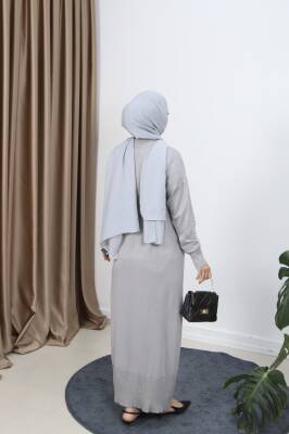 Açık Gri Bağcıklı Merserize Elbise - 2