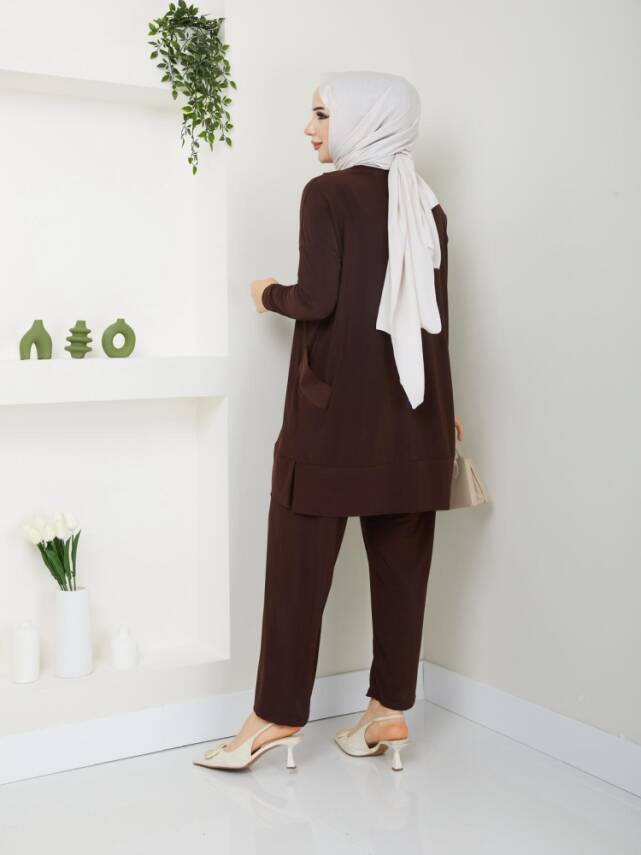 Almina Yanları Cepli Acı Kahve Sandy Pantolonlu Takım - 3