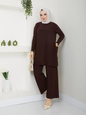 Almina Yanları Cepli Acı Kahve Sandy Pantolonlu Takım 