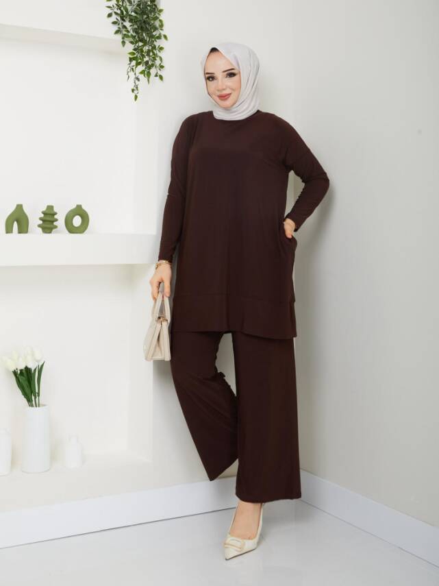 Almina Yanları Cepli Acı Kahve Sandy Pantolonlu Takım - 1