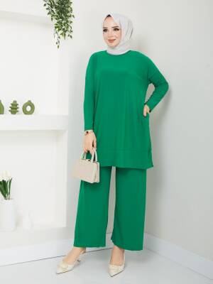 Almina Yanları Cepli Benetton Yeşili  Sandy Pantolonlu Takım 