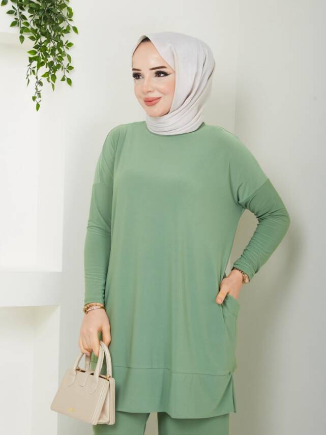 Almina Yanları Cepli Çağla Yeşili Sandy Pantolonlu Takım - 1