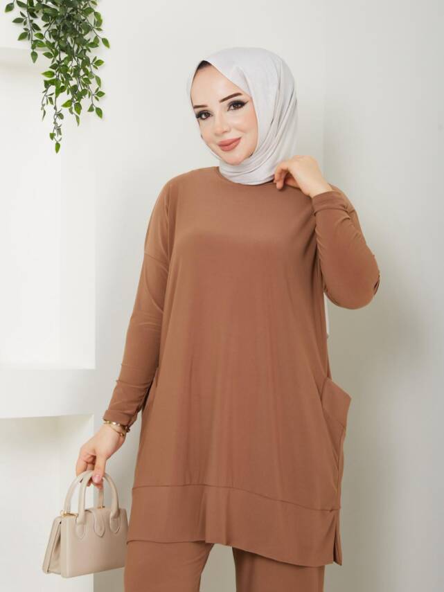 Almina Yanları Cepli Camel Sandy Pantolonlu Takım - 1