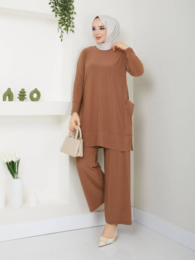 Almina Yanları Cepli Camel Sandy Pantolonlu Takım - 3