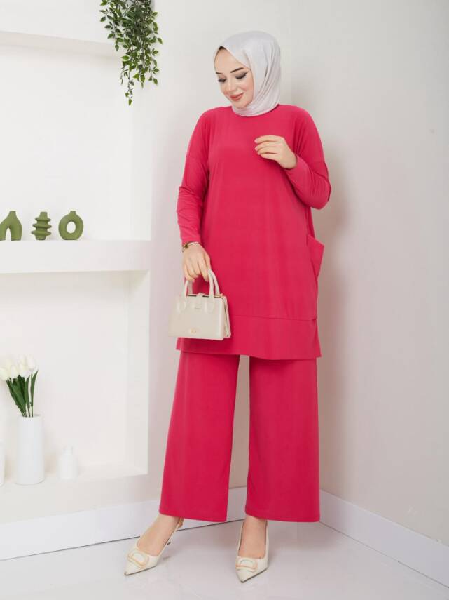 Almina Yanları Cepli Fuşya Sandy Pantolonlu Takım - 1