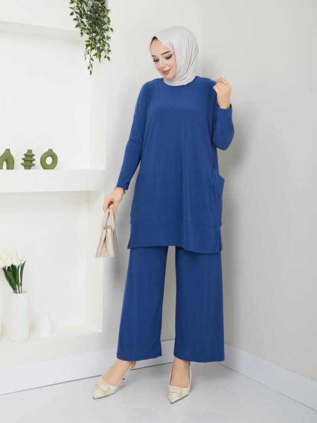 Almina Yanları Cepli İndigo Mavi Sandy Pantolonlu Takım - 1