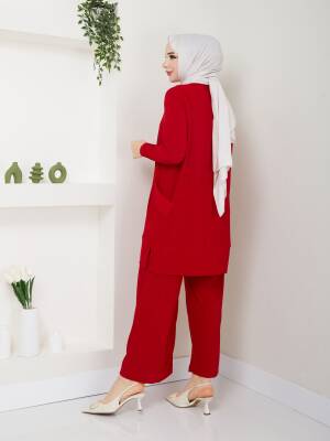Almina Yanları Cepli Kırmızı Sandy Pantolonlu Takım - 2