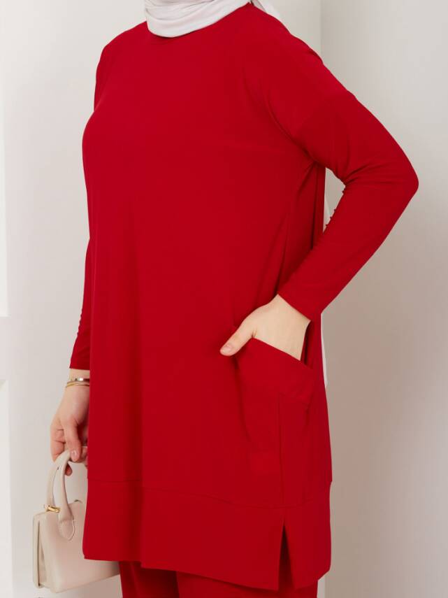 Almina Yanları Cepli Kırmızı Sandy Pantolonlu Takım - 3