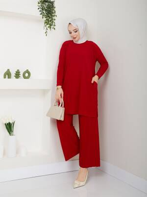 Almina Yanları Cepli Kırmızı Sandy Pantolonlu Takım 