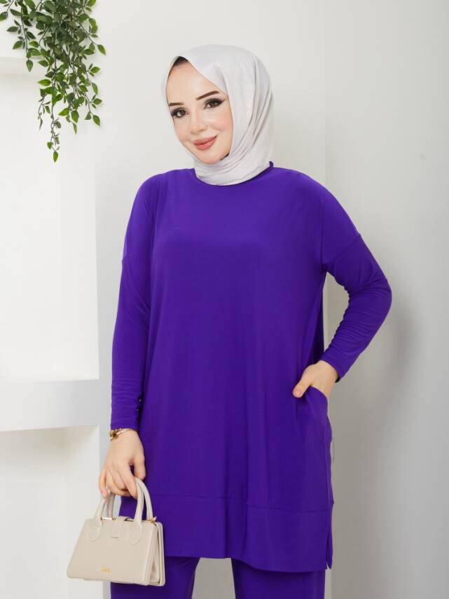 Almina Yanları Cepli Menekşe Moru Sandy Pantolonlu Takım - 3