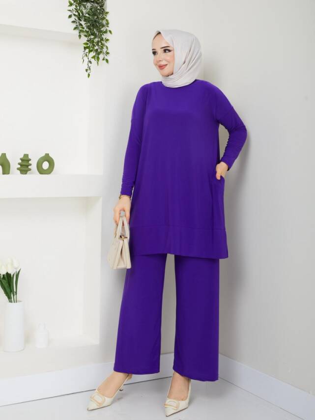 Almina Yanları Cepli Menekşe Moru Sandy Pantolonlu Takım - 1