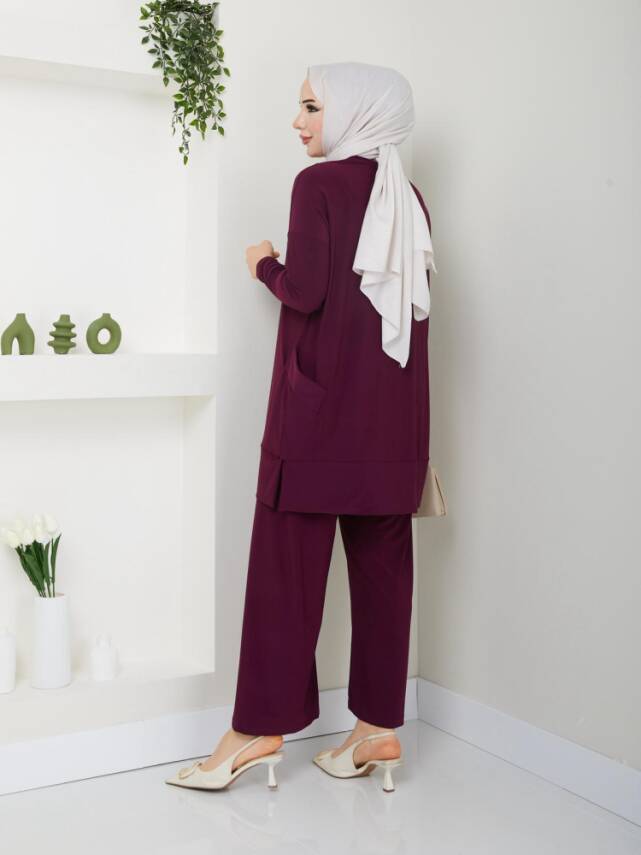 Almina Yanları Cepli Mürdüm Sandy Pantolonlu Takım - 2