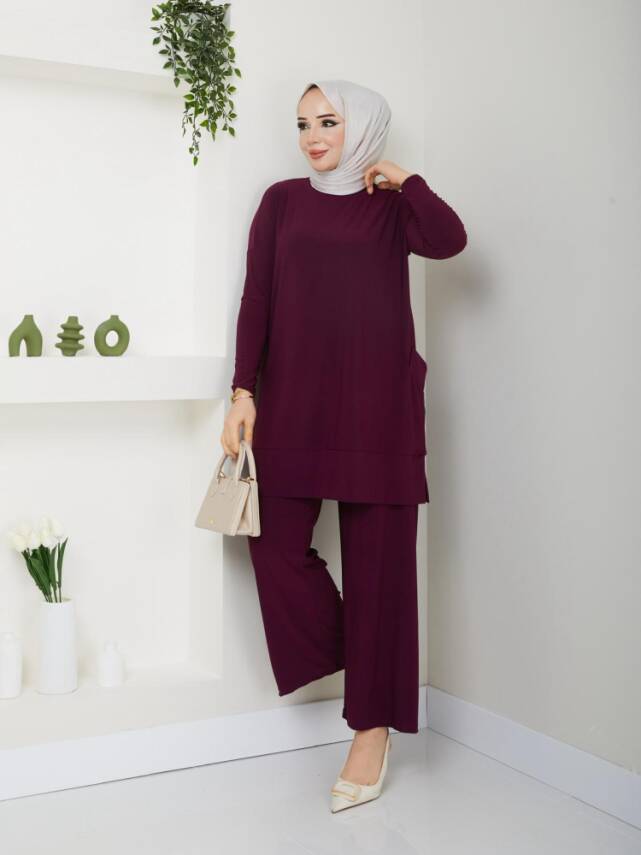 Almina Yanları Cepli Mürdüm Sandy Pantolonlu Takım - 1