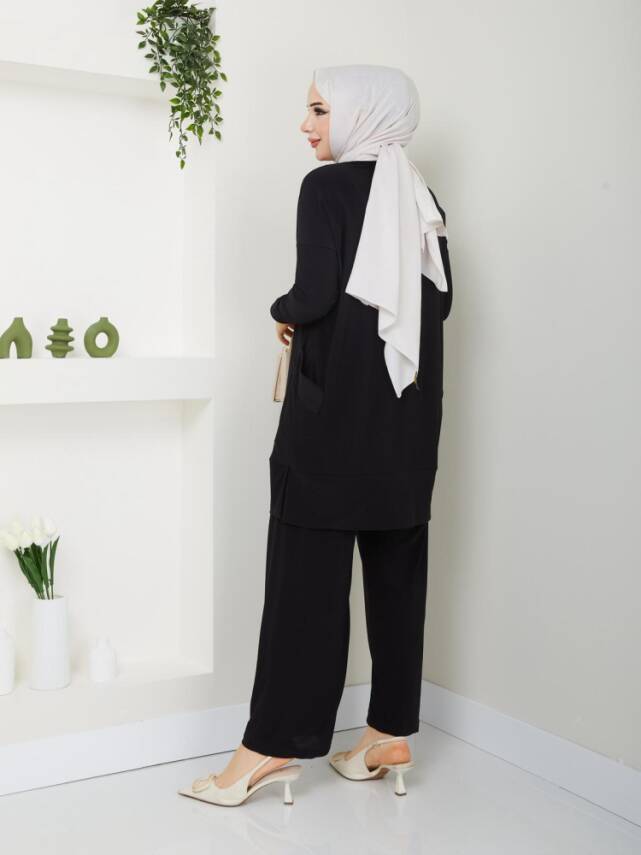 Almina Yanları Cepli Siyah Sandy Pantolonlu Takım - 2