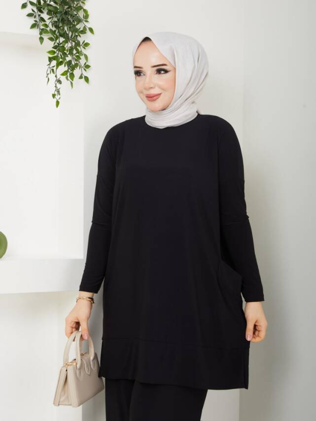 Almina Yanları Cepli Siyah Sandy Pantolonlu Takım - 3