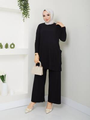 Almina Yanları Cepli Siyah Sandy Pantolonlu Takım 
