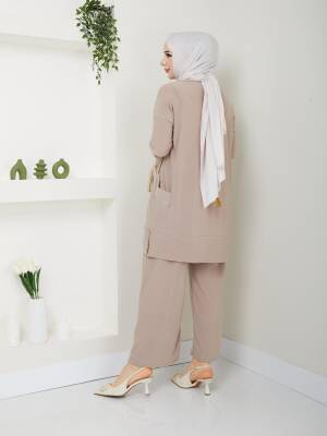 Almina Yanları Cepli Taş Sandy Pantolonlu Takım - 3