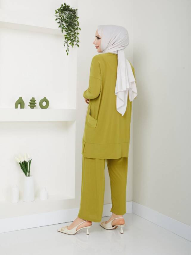 Almina Yanları Cepli Yağ Yeşili Sandy Pantolonlu Takım - 2