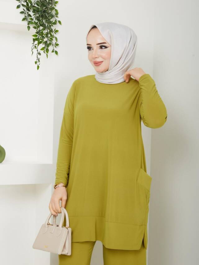 Almina Yanları Cepli Yağ Yeşili Sandy Pantolonlu Takım - 3