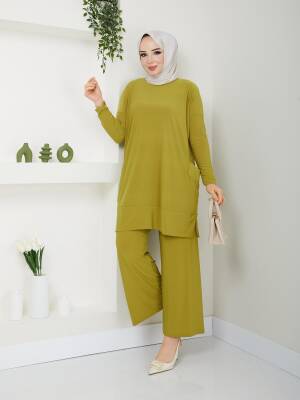 Almina Yanları Cepli Yağ Yeşili Sandy Pantolonlu Takım 
