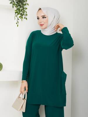 Almina Yanları Cepli Zümrüt Yeşili Sandy Pantolonlu Takım - 2