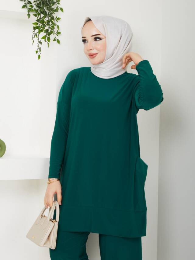 Almina Yanları Cepli Zümrüt Yeşili Sandy Pantolonlu Takım - 2