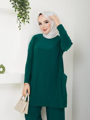 Almina Yanları Cepli Zümrüt Yeşili Sandy Pantolonlu Takım - 3