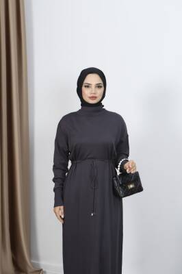 Antrasit Gri Bağcıklı Merserize Elbise - 2