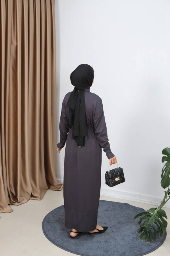 Antrasit Gri Bağcıklı Merserize Elbise - 3