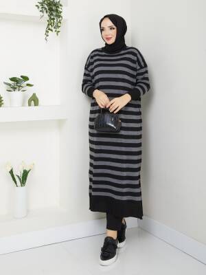Antrasit Gri Çizgili Triko Tunik