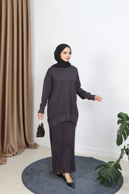 Antrasit Gri Düğme Detaylı Merserize Etekli Takım