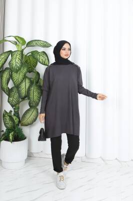 Antrasit Gri Düğme Detaylı Merserize Triko Tunik  