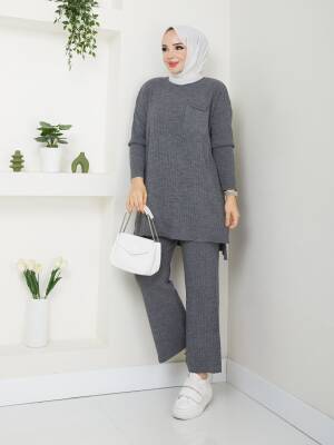 Antrasit Gri Fitil Cep Detaylı Triko Pantolonlu İkili Takım