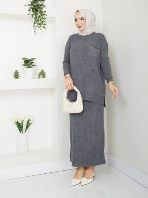 Antrasit Gri Örme Triko Cep Detaylı İkili Takım