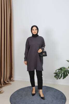 Antrasit Gri Yırtmaçlı Merserize Tunik
