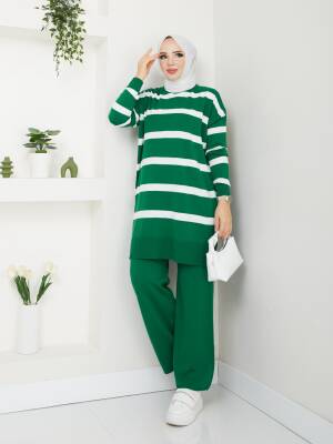 Benetton Yeşili Çizgili Triko Pantolonlu İkili Takım 