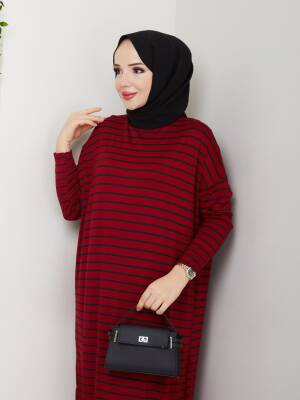 Bordo Çizgili Yanları Yırtmaç Detaylı Elbise
